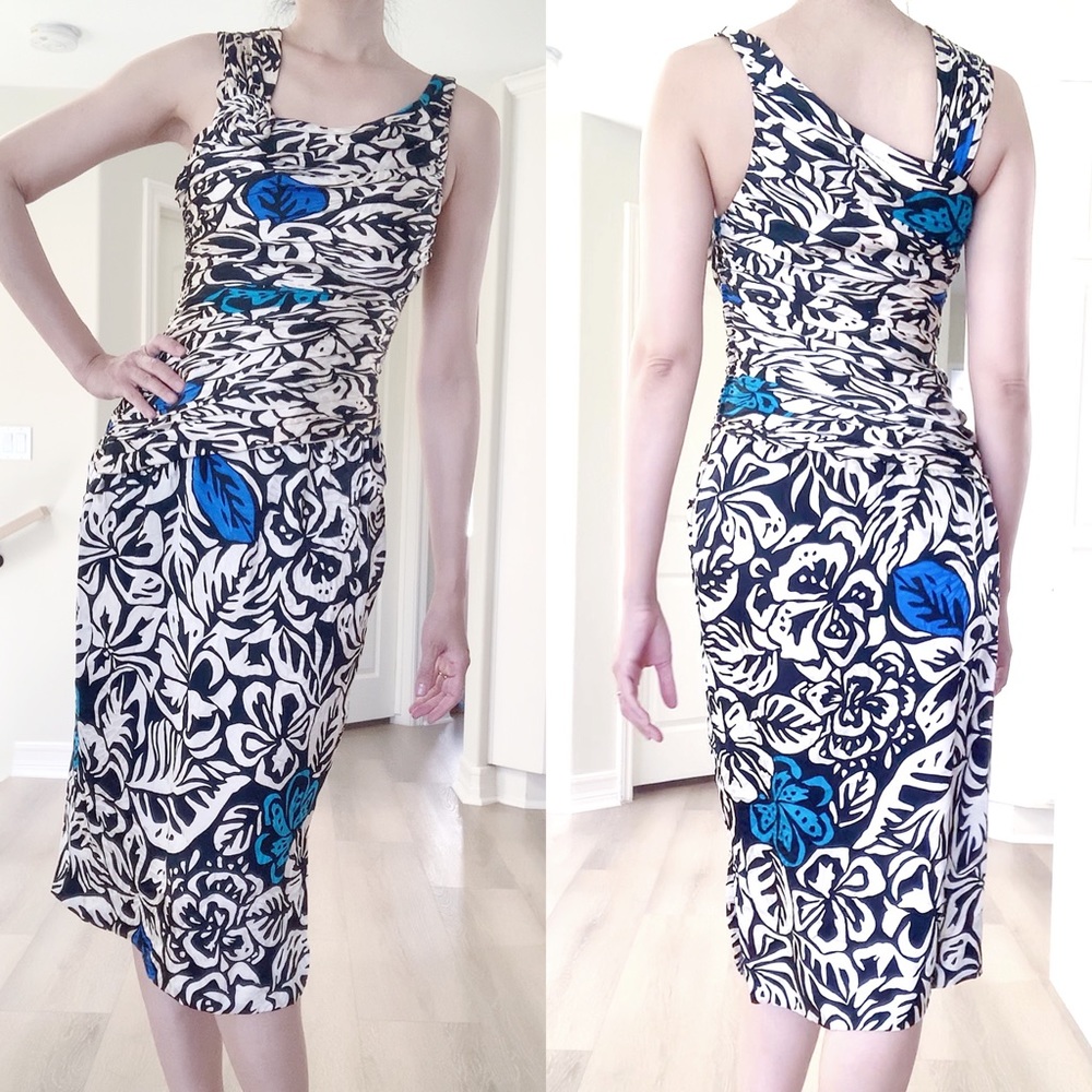 SILKS BY ST. GILLAN Vibrant Floral Abstract Leaf Print Silk Wiggle Dress - Picture 3 of 15